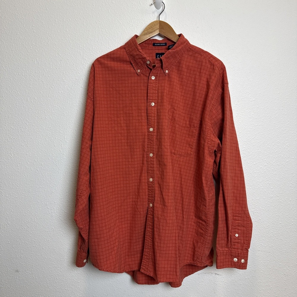 VINTAGE GAP Shirt Mens Size XL Button Up Classic Oxford Cotton Plaid Orange